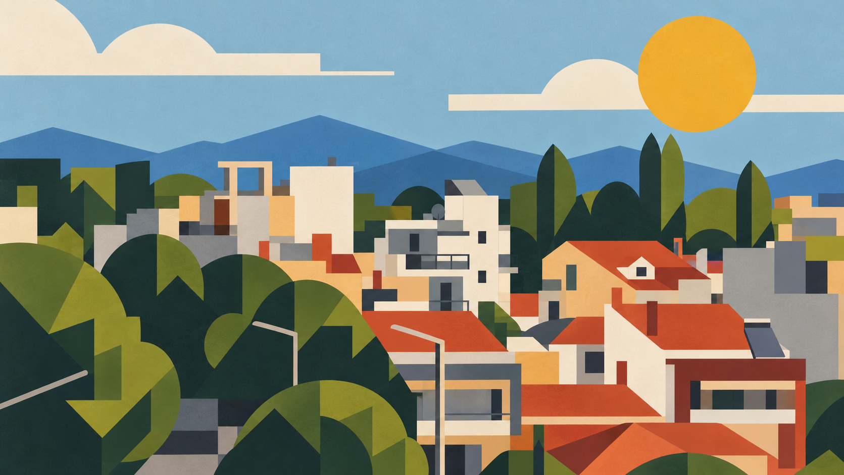 Illustrated town beneath mountains and a bright sun